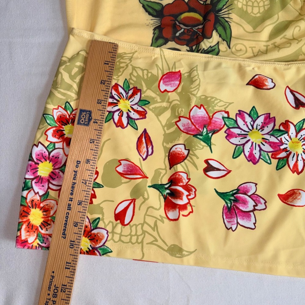 Ed Hardy Skirt Set Yellow New Tattoo Mesh Rhinestone Y2K 2 Piece Top Mini Skirt - Picture 6 of 11